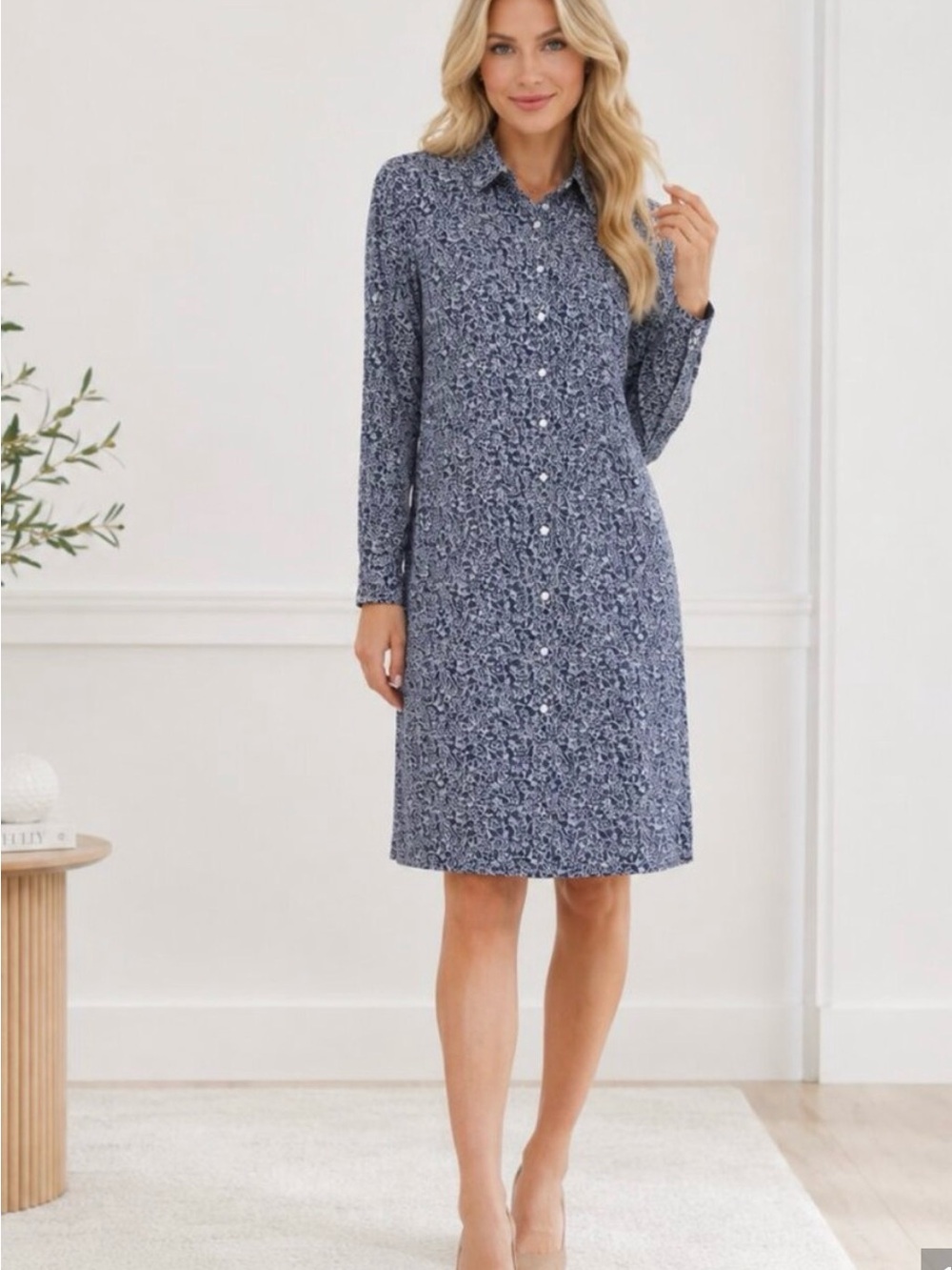 Brooks Brothers Navy Floral Long-Sleeve Shirt Dress Size 12